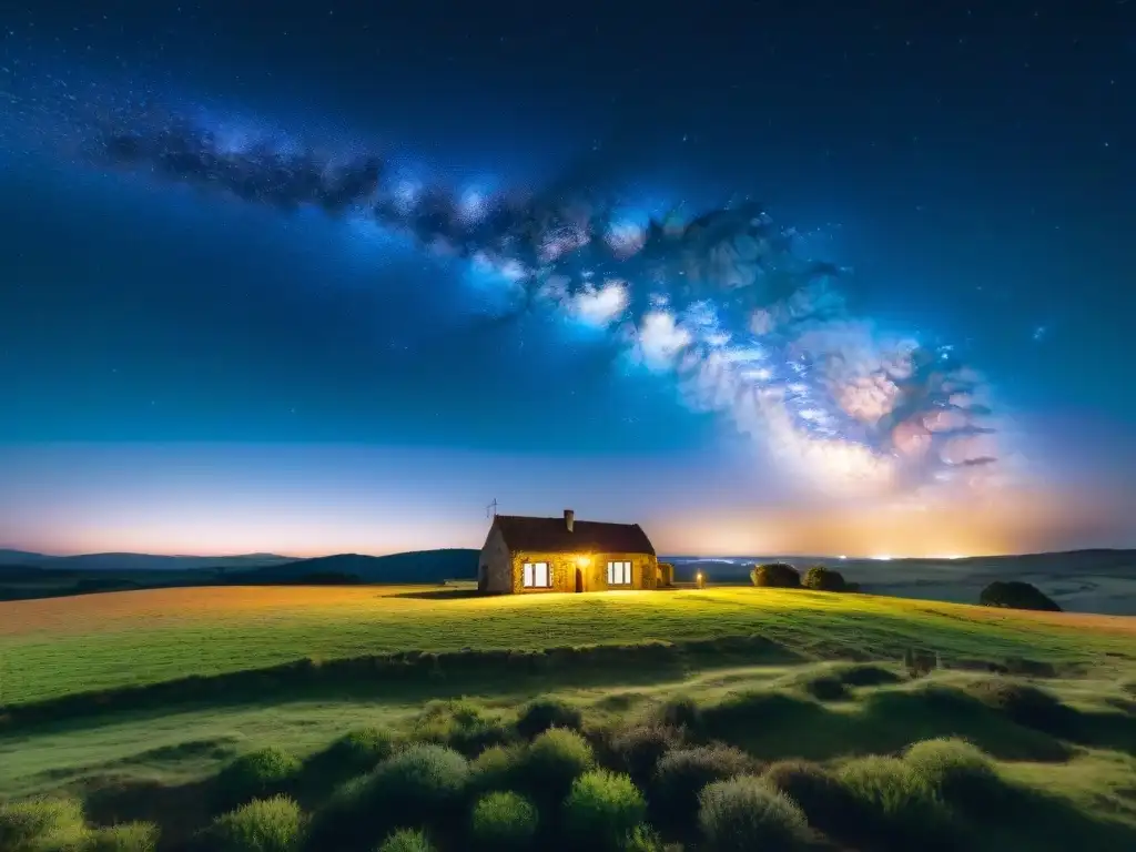 Fotografía nocturna en Uruguay: Noche estrellada sobre rancho tradicional iluminado por la Vía Láctea