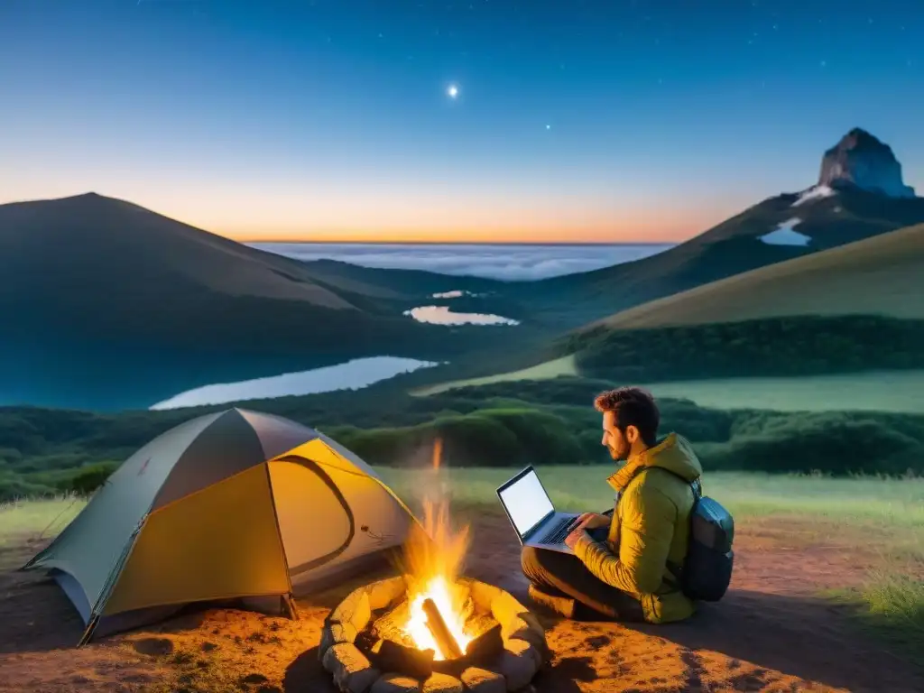 Un nómada digital trabaja junto a una fogata en un campamento en Uruguay