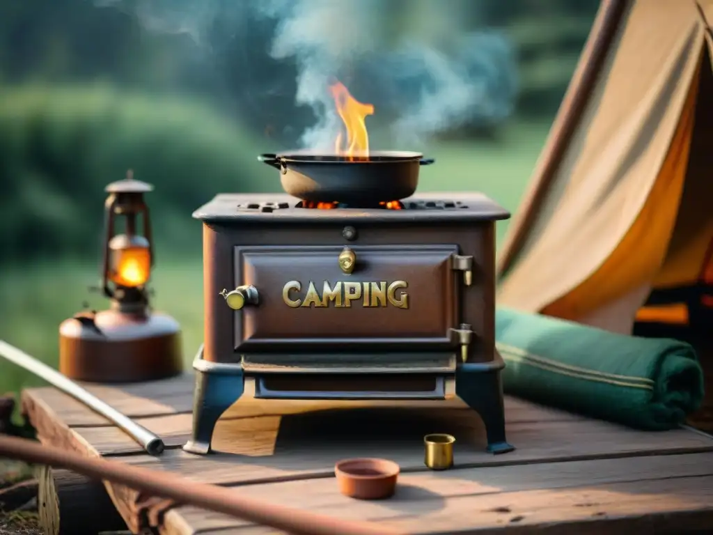 Un nostálgico fogón de camping antiguo uruguayo, rodeado de artefactos vintage en un paisaje de aventura