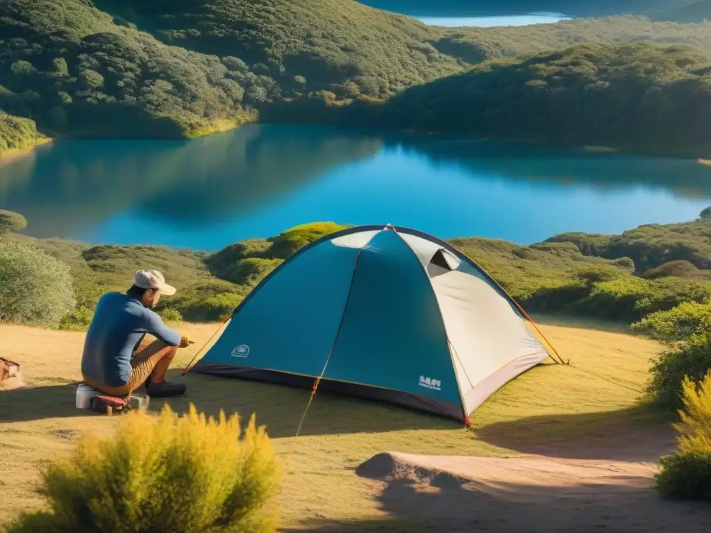 Un novato en camping en Uruguay, asegurando la tienda en un entorno natural