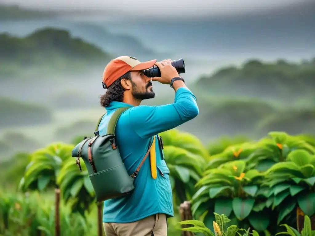 Un novato observador de aves en Uruguay, con equipamiento completo, disfruta de la naturaleza y observa un tucán vibrante