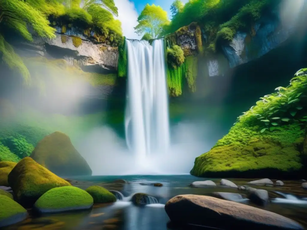 Un oasis escondido en un bosque exuberante, con una cascada cristalina entre rocas cubiertas de musgo