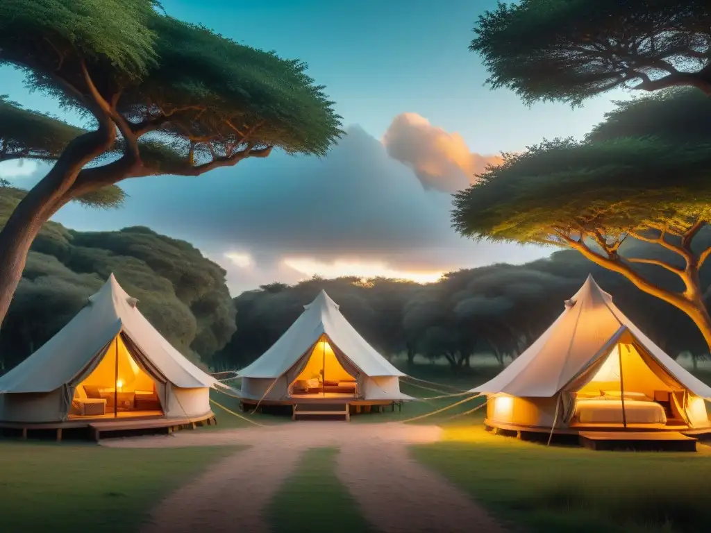 Un oasis de glamping al atardecer en Uruguay, con tiendas elegantes entre vegetación exuberante y una cálida luz dorada filtrándose entre los árboles