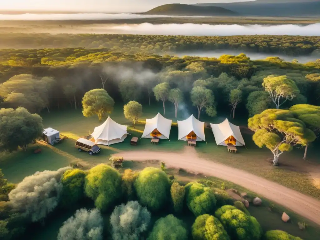 Un oasis secreto: camping exclusivo en Uruguay con tiendas safari de lujo entre árboles altos al atardecer