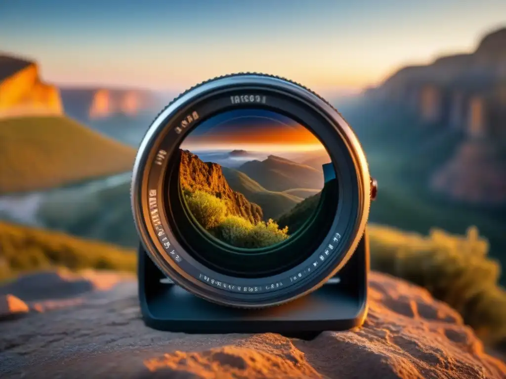 Un objetivo desgastado por el uso en la naturaleza, reflejando el atardecer en un paisaje agreste