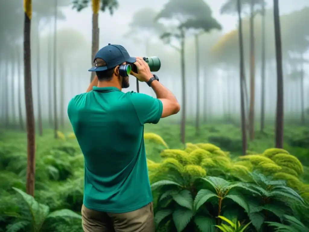 Un observador de aves en un bosque verde, con binoculares, admirando un colorido pájaro en Uruguay