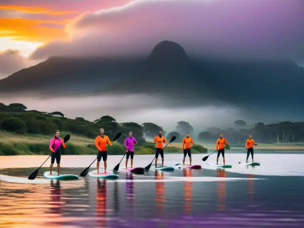 Paddleboarders disfrutan del atardecer en un río de Uruguay, rodeados de naturaleza