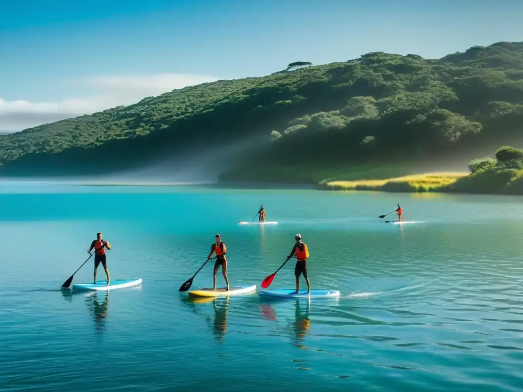 Paddleboarders disfrutando de la serenidad en Laguna Garzón, Uruguay