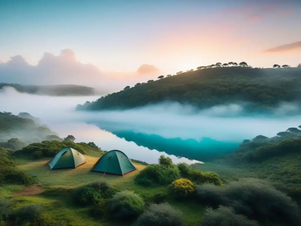 Paisaje de acampada sostenible en Uruguay al amanecer, con productos esenciales camping ecológicos