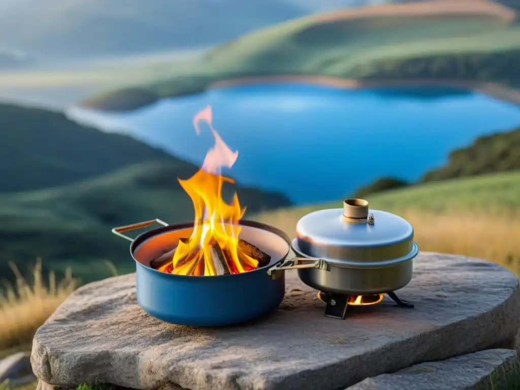 Un paisaje de camping en Uruguay con cocina portátil, olla en fuego azul y naturaleza serena