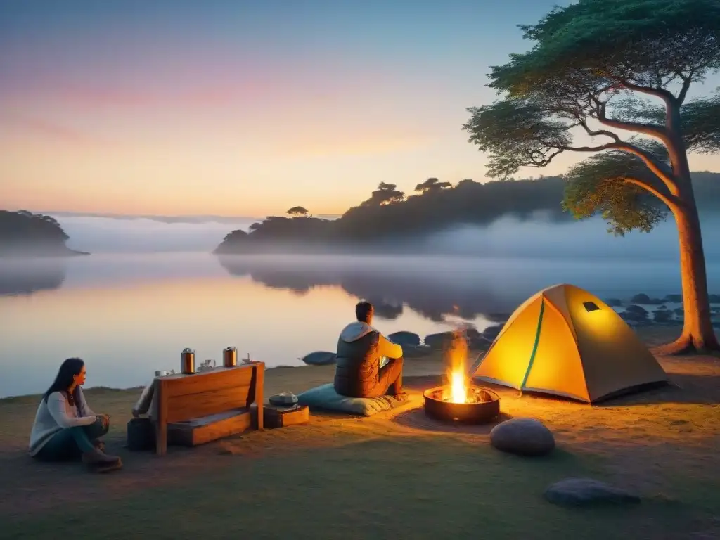 Paisaje de camping digital en Uruguay al atardecer, con amigos alrededor de una fogata y una tienda de campaña acogedora