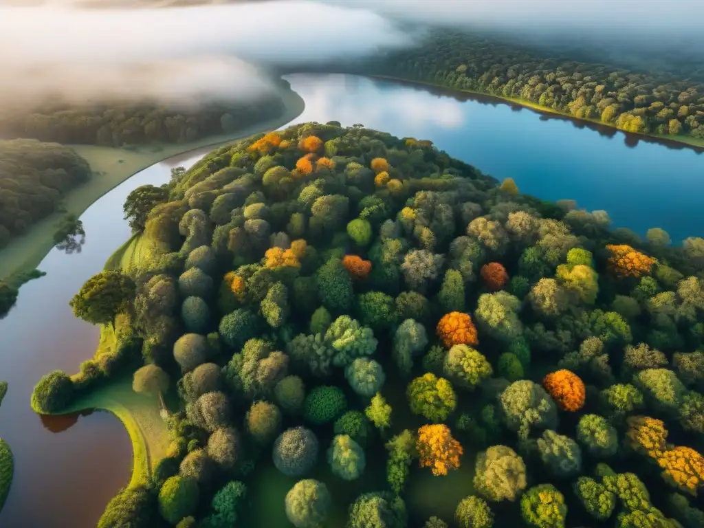 Paisaje diverso de Uruguay al atardecer: colinas, bosques verdes, río tranquilo y campamentos tradicionales