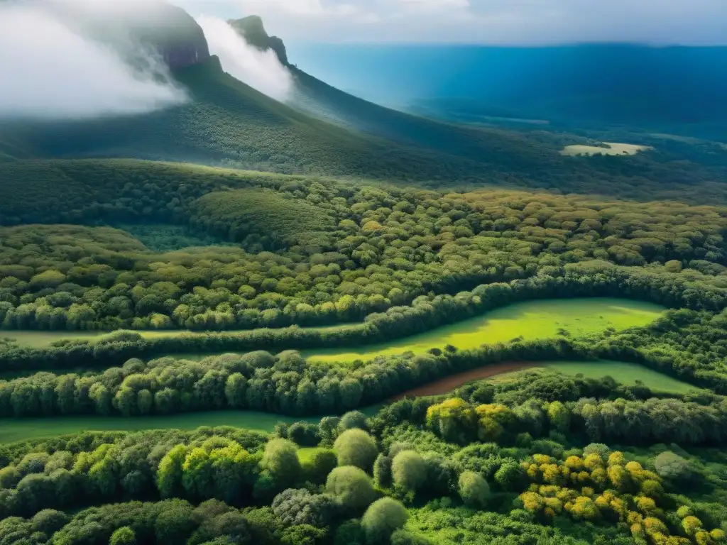 Un paisaje exuberante de Quebrada de los Cuervos en Uruguay, mostrando senderos entre bosques, flores silvestres y colinas bajo un cielo azul