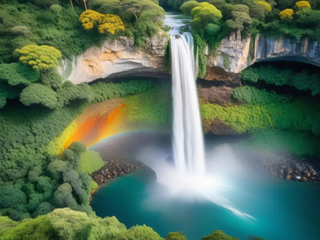 Un paisaje exuberante y vibrante en un área de conservación menos conocida en Uruguay, con una cascada oculta y aves coloridas en árboles antiguos