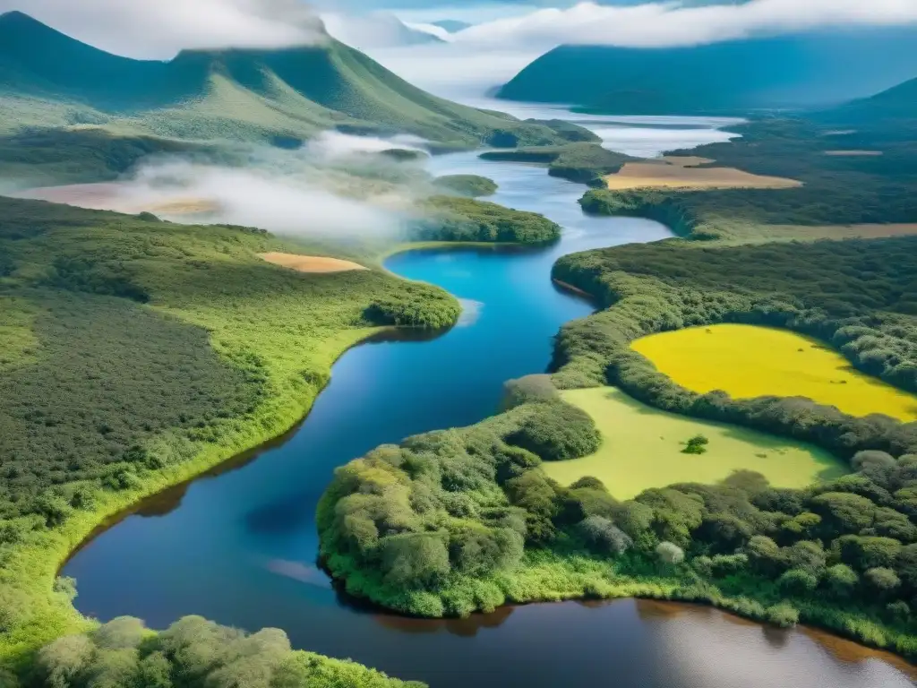 Paisaje impresionante de las Áreas de conservación en Uruguay: diversa flora, ríos y aves en un bosque verde bajo un cielo azul