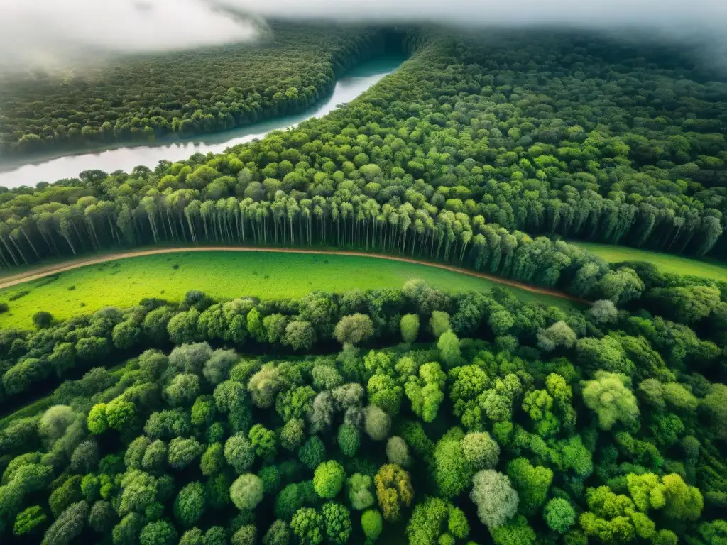 Un paisaje impresionante de bosques verdes en Uruguay con un río serpenteante, sol filtrándose entre las hojas y diversa flora y fauna