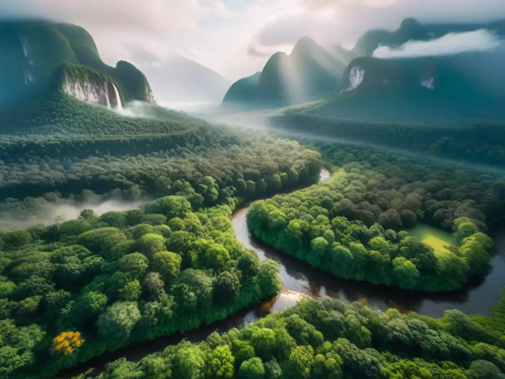 Un paisaje impresionante de densos bosques, un río serpenteante y montañas majestuosas en Uruguay