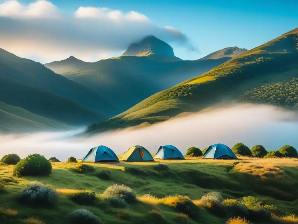 Un paisaje impresionante de la Sierra de Minas en Uruguay, con campamentos tradicionales entre montañas