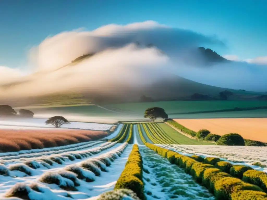 Un paisaje invernal sereno en Uruguay, con un campo nevado y colinas al fondo bajo un cielo azul