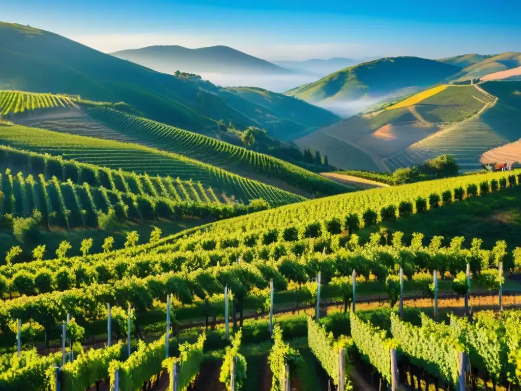 Un paisaje panorámico impresionante de viñedos verdes en colinas bajo un cielo azul claro