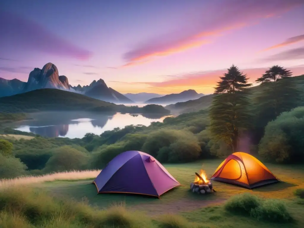 Paisaje sereno al atardecer en camping de Uruguay con fogata, campistas y río