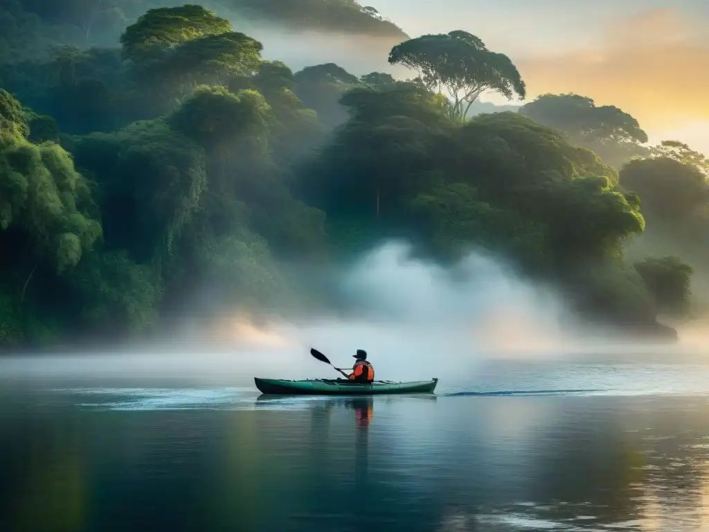 Un paisaje sereno al atardecer en el Río Negro, con un kayaker y la pesca deportiva en Uruguay