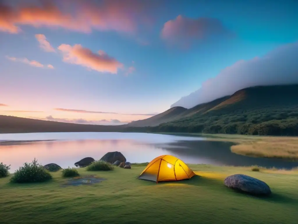 Paisaje sereno en camping de Uruguay al anochecer con lago tranquilo reflejando atardecer, campistas y vegetación exuberante