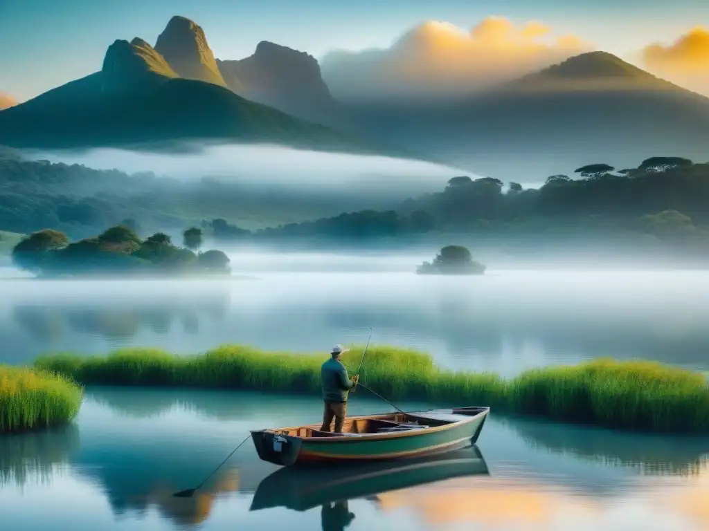 Paisaje sereno de un lago al amanecer en Uruguay, pescando en un bote rodeado de naturaleza