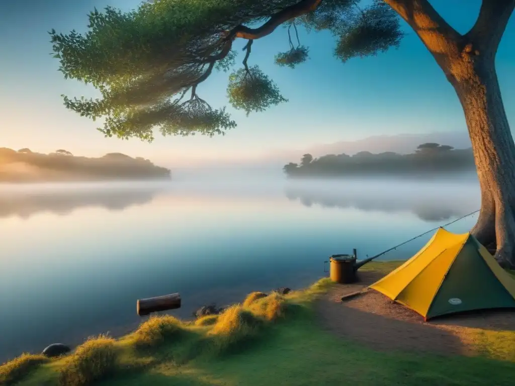 Paisaje sereno de un lago al amanecer con caña de pescar y carpa de camping en Uruguay