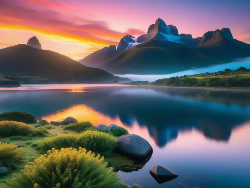 Un paisaje sereno en Uruguay con un lago cristalino reflejando un atardecer vibrante y montañas majestuosas