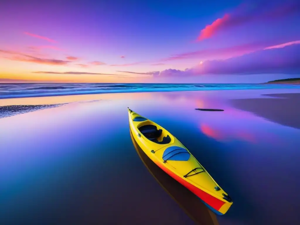 Un paisaje sereno en una playa de Uruguay al atardecer con un kayak solitario en la orilla, reflejando un cielo pintado de naranja, rosa y púrpura