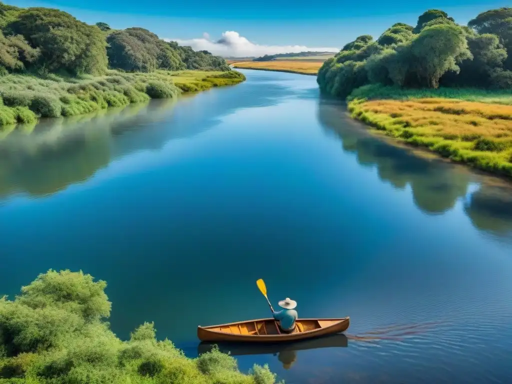 Paisaje sereno de un río en Uruguay con vegetación exuberante en las orillas, cielo azul reflejado en el agua y una canoa de madera con un remero