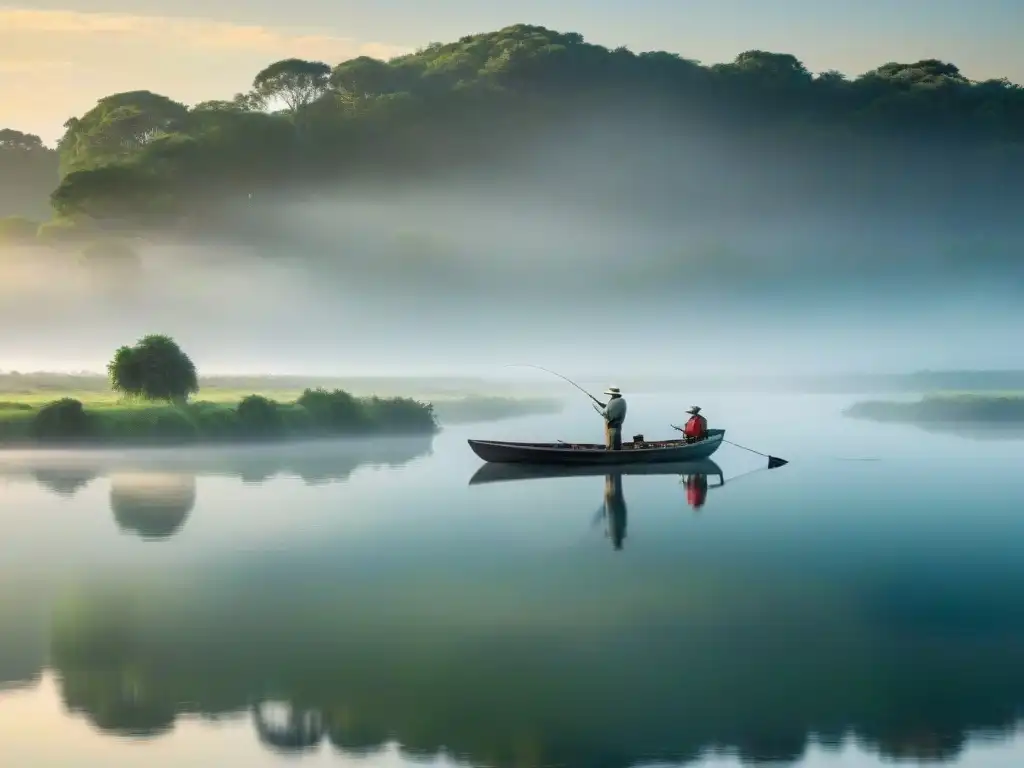 Paisaje sereno de un río en Uruguay al amanecer, con pescador solitario en un bote, reflejos verdes y niebla