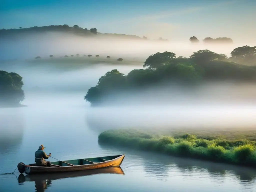 Paisaje sereno al amanecer en un río de Uruguay, con pescador en bote