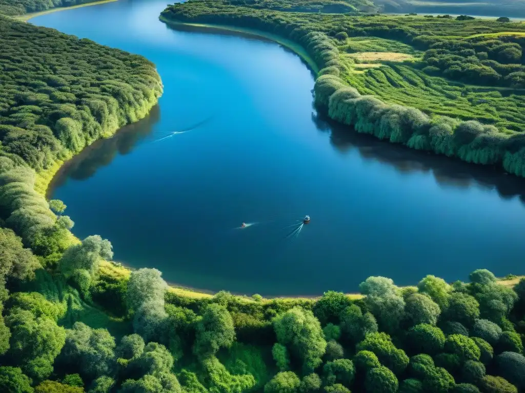 Paisaje sereno de un río en Uruguay, pescadores lanzando sus líneas bajo el cielo azul