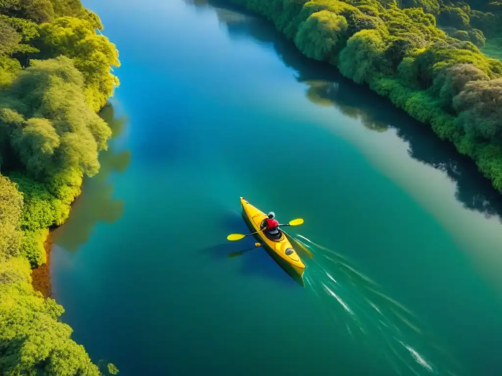 Un paisaje sereno con un río, kayak solitario y verde exuberante