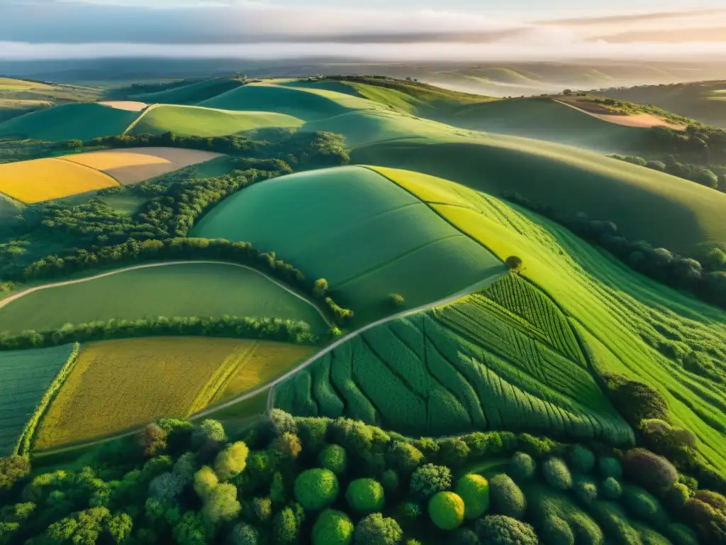 Un paisaje uruguayo impresionante capturado en una fotografía aérea, con colinas, ríos y colores vibrantes bajo el sol poniente