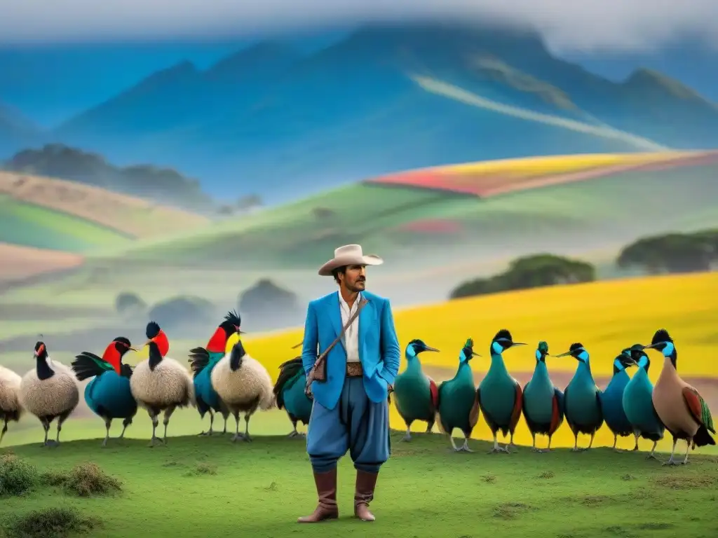 Un paisaje vibrante de Gauchos y aves tradicionales Uruguay en armonía