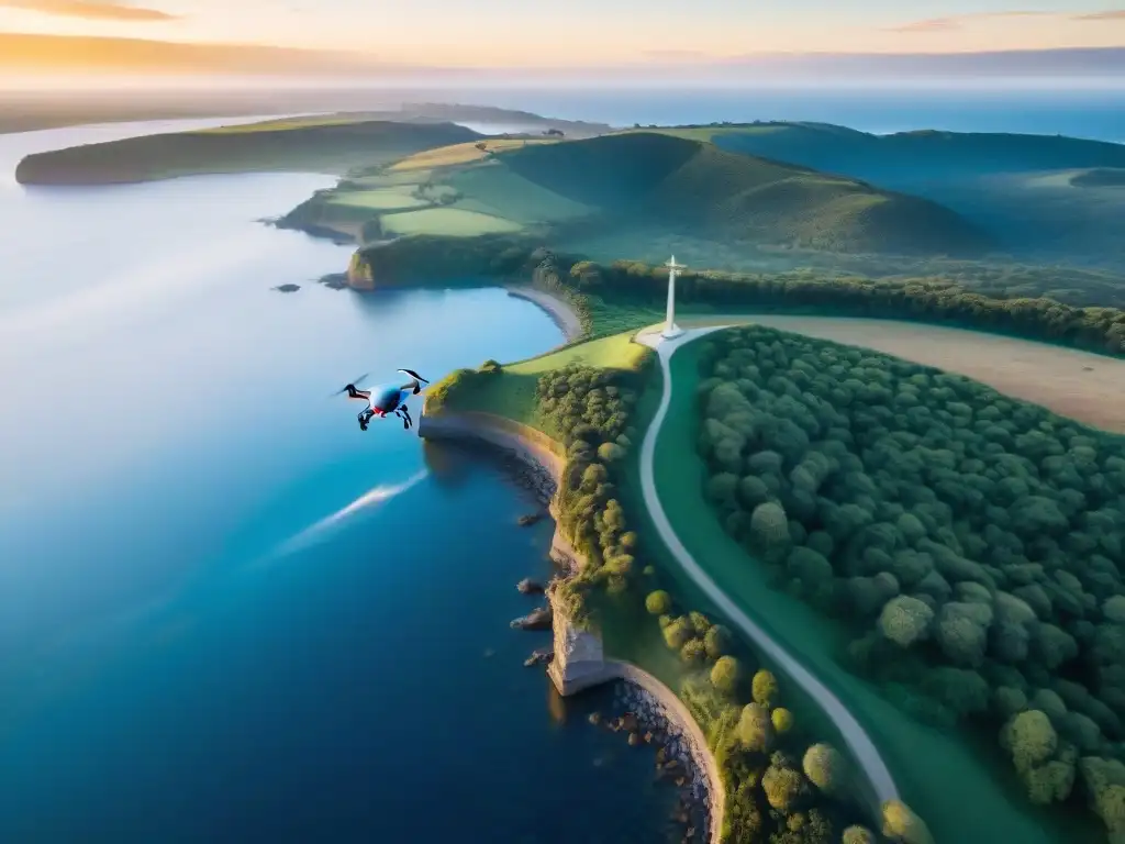 Fotografía aérea paisajes Uruguay: Drone capturando la belleza natural de Uruguay con piloto profesional en acantilado