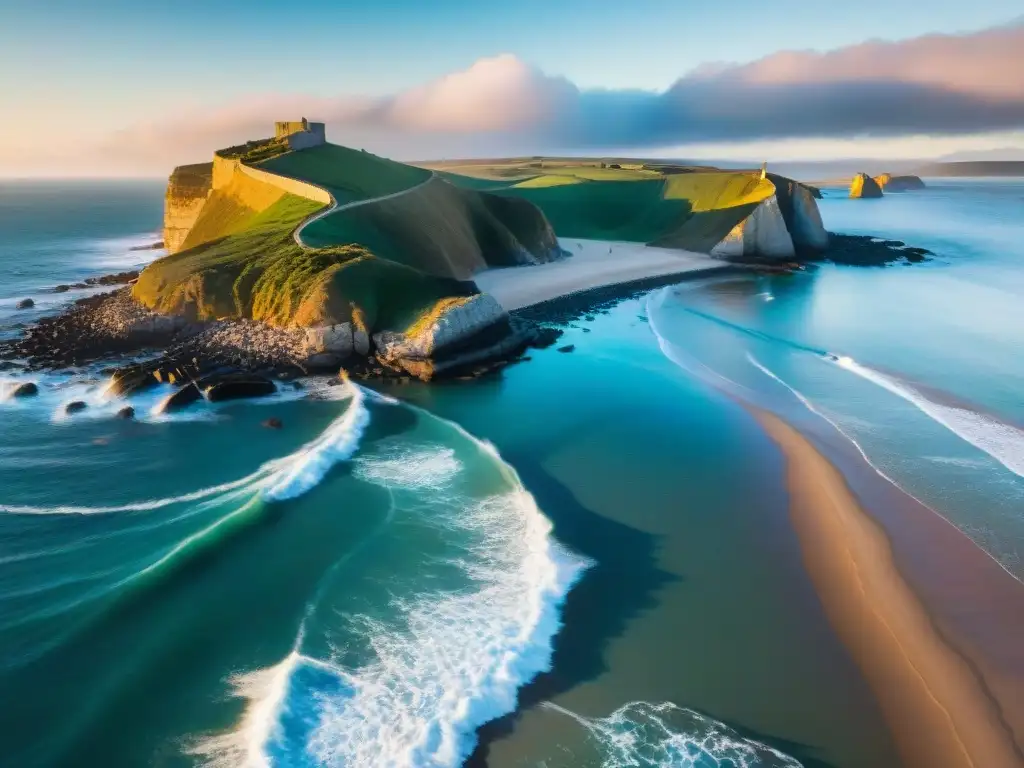 Capturando paisajes uruguayos con drones: acantilados, mar azul y atardecer pastel con gaviotas