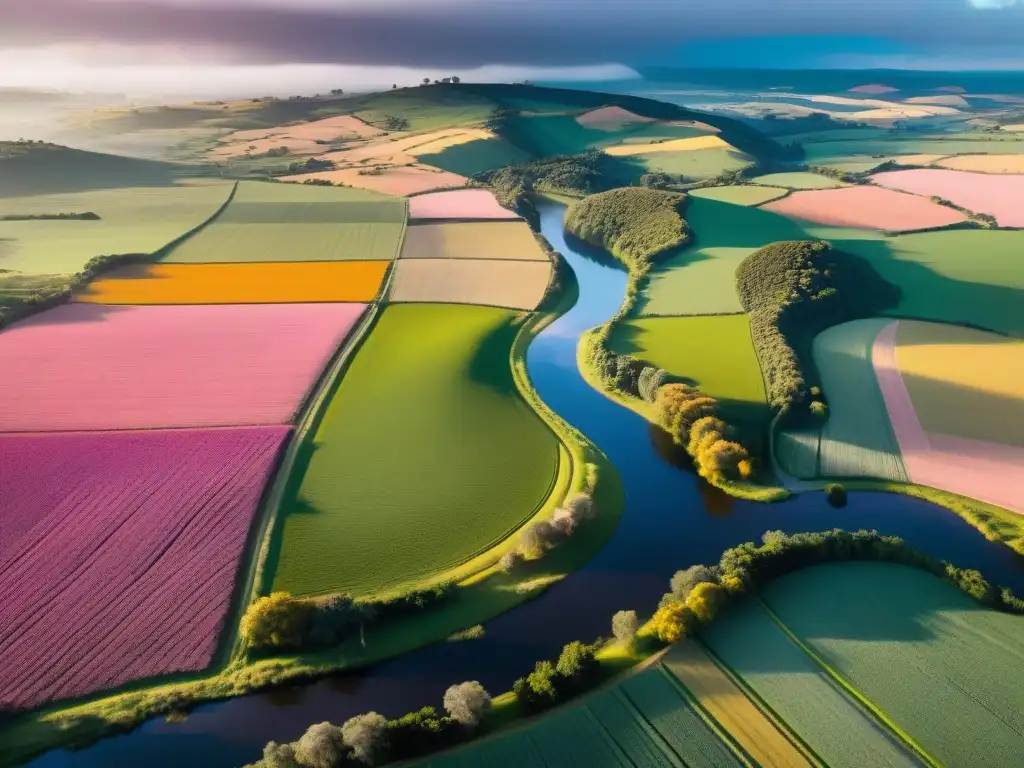 Capturando paisajes Uruguayos con drones: Atardecer dorado sobre verdes colinas, río serpenteante y ganado pastando