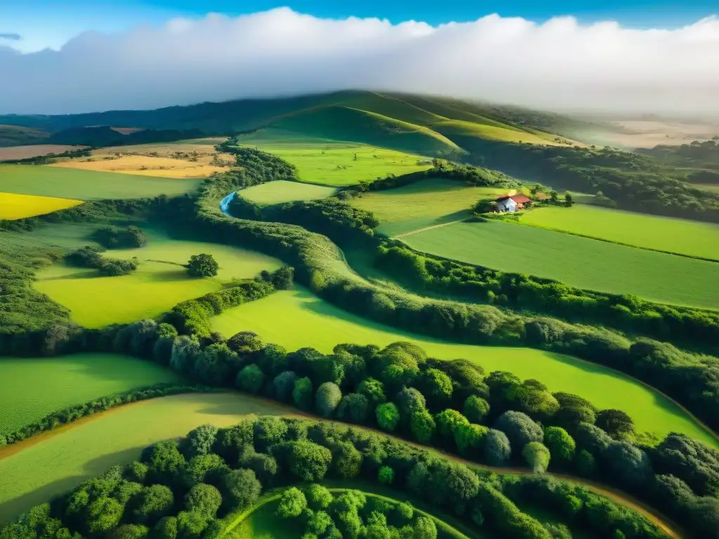 Capturando paisajes uruguayos con drones: colinas verdes, ríos sinuosos y escenas rurales serenas desde el cielo