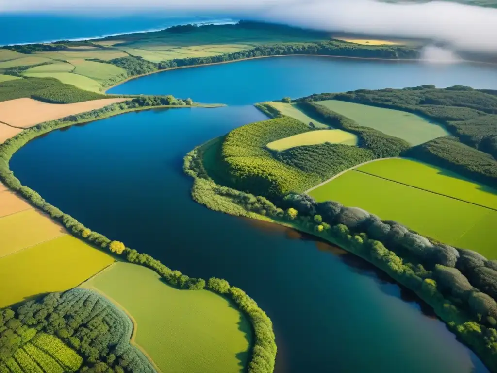 Capturando paisajes Uruguayos con drones: vista aérea detallada de colinas verdes, ríos brillantes y costas pintorescas