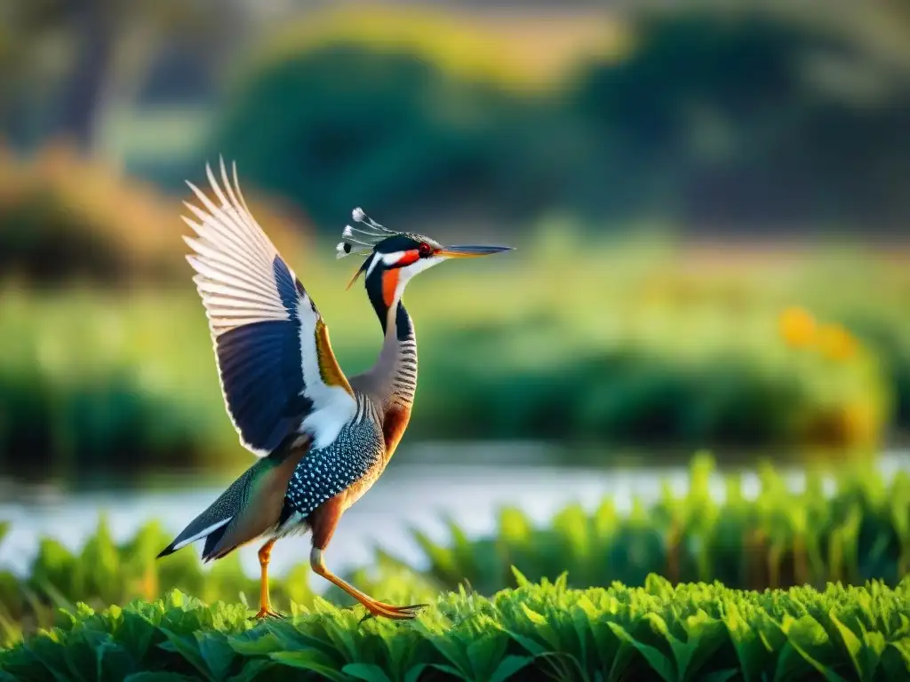 Un pájaro Sunbittern majestuoso desplegando sus alas en un pantano verde de Uruguay