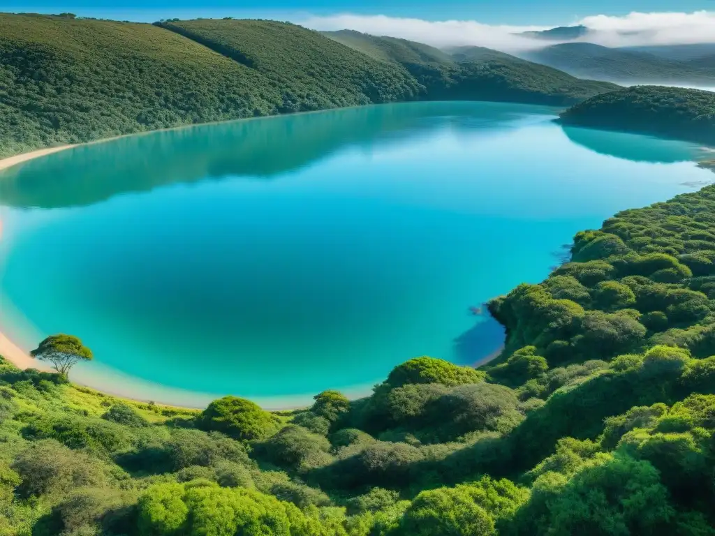 Panorámica ecoamigable en Uruguay: Laguna Garzón con aguas turquesas, cielo azul y exuberante vegetación