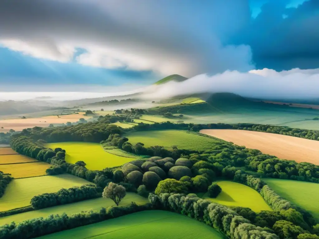 Paquetes de Aventura en Uruguay: Vista aérea impresionante de la exuberante naturaleza uruguaya desde un globo aerostático