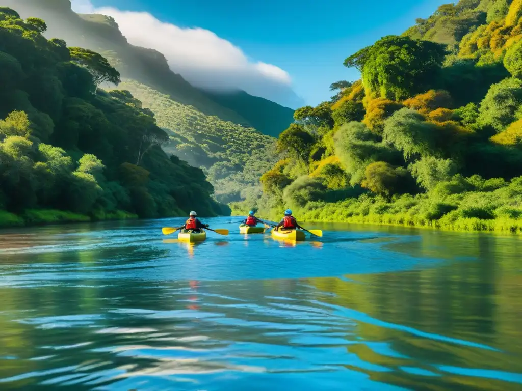 Paquetes de aventura en Uruguay: Exploradores remando en kayak por un río rodeado de exuberante vegetación, bajo el cálido sol