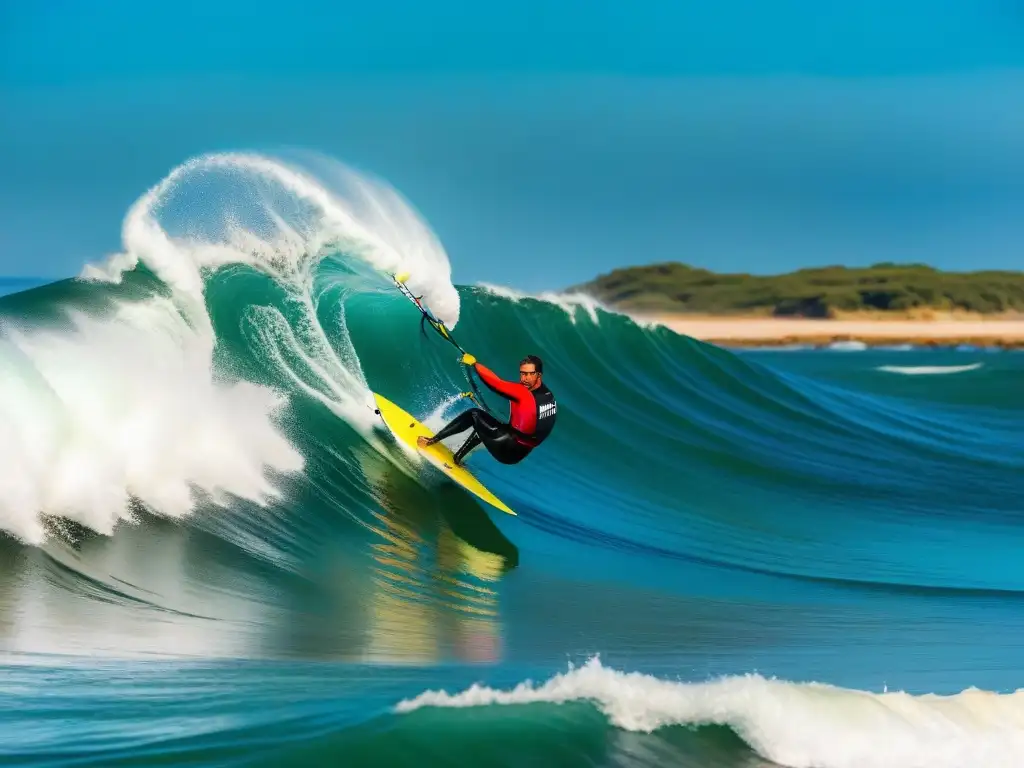 Paquetes de Aventura en Uruguay: Surfers y kitesurfers desafían olas cristalinas, capturando la emoción de los deportes acuáticos en la costa uruguaya