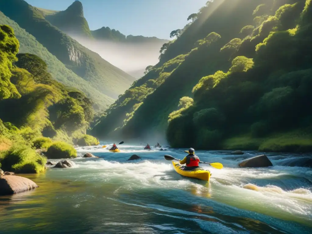 Paquetes de aventura en Uruguay: Kayak en río entre exuberante vegetación, montañas al fondo y kayakers emocionados