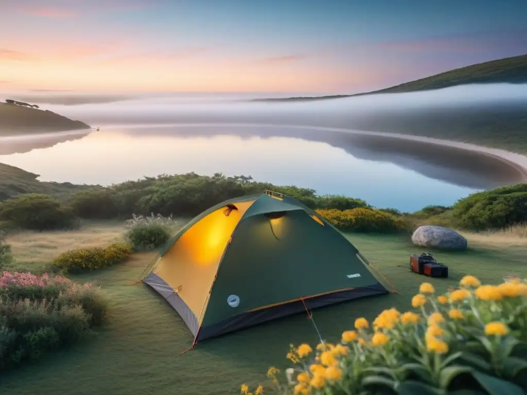 Paquetes de camping en Uruguay: Amanecer mágico en un campamento tranquilo junto al lago, rodeado de naturaleza exuberante y paz